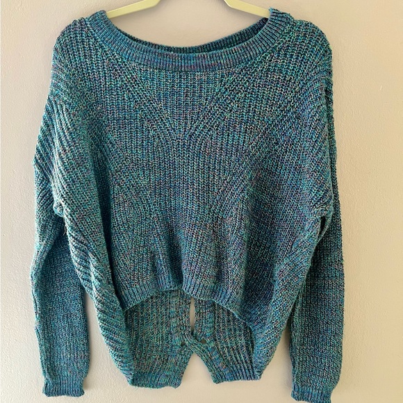 Express Open Back Braided Knit Sweater, Multicolored/Blue - Picture 1 of 7